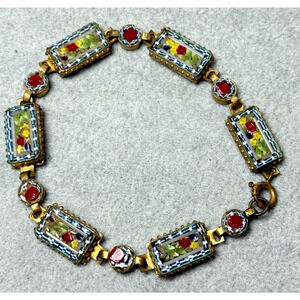 Vintage Italian Micro Mosaic 7.5" Rectangle Link Bracelet Gold Tone Blue Red Dot